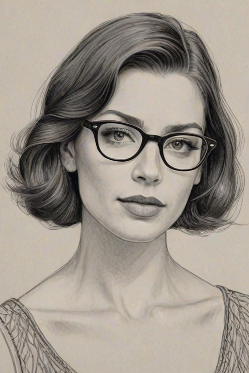 Resplendent Jessica Pare, pencil sketch, portrait of Lovely woman 1920s in glasses, hair style beatnik, outline, clear lines, fine lines, 8k