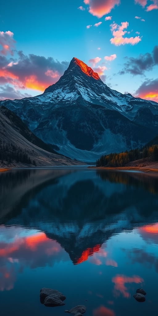 Create a high-resolution digital illustration of a serene mountain landscape during sunset, with vibrant colors reflecting in a calm lake, shot with a Canon EOS R5, 50mm lens, f/1.8 aperture, ISO 100, at a 1/250s shutter speed, captured in a wide-angle view for depth and detail.