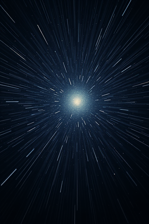 create a high-resolution image of a starry space scene with streaks of light radiating from the center, using a DSLR camera at ISO 100, f/8 aperture, 50mm lens, 1/100s shutter speed, shot from a dynamic angle to create a sense of depth and motion in a dark background