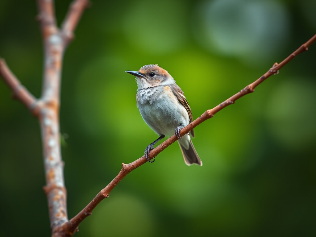 capture a close-up of a bird perched on a branch with a blurred green background, using a DSLR camera at f/2.8, ISO 200, shutter speed 1/1000s, natural light, focal length 200mm, in 4K resolution.