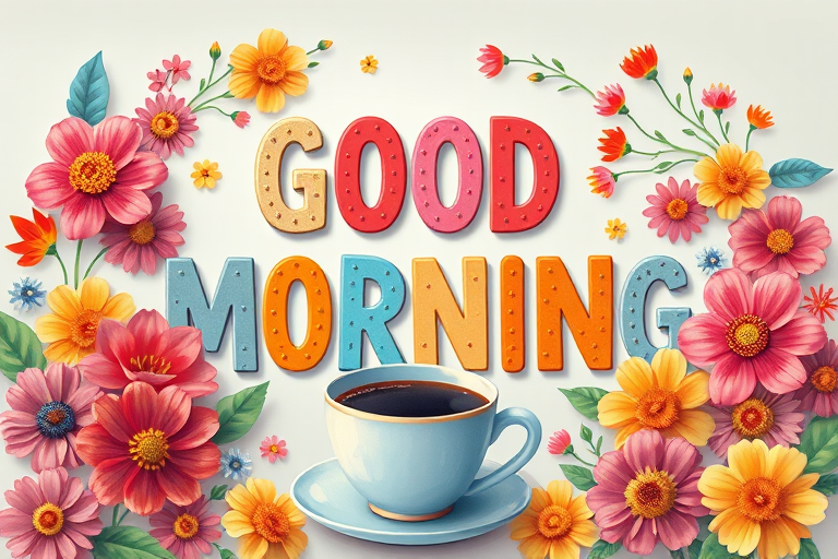 Create a vibrant and whimsical illustration featuring the words "GOOD MORNING" surrounded by colorful flowers and cups of coffee, using a Canon EOS R5 with a 50mm f/1.8 lens, aperture set to f/2.8, ISO 100, and a soft focus background.