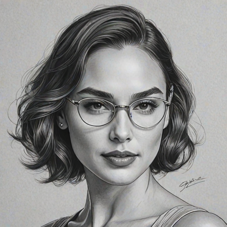 Ravishing Gal Gadot, pencil sketch, portrait of Attractive woman 1930s in glasses, hair style beatnik, outline, clear lines, fine lines, 8k