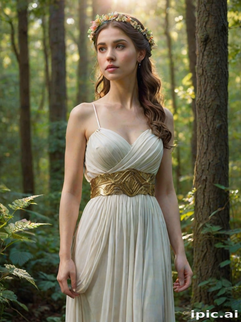 Create a portrait of a goddess-like female figure in a tranquil, forested environment. She has an elegant appearance with long, wavy hair styled in an updo and adorned with a delicate, floral headband. She wears a flowing, ancient Greek-inspired gown in a soft, pale color, featuring a one-shoulder design and draped fabric that accentuates her graceful form. The outfit includes a decorative belt with ornate gold detailing, and she holds a bow in her hand, with a quiver of arrows slung over her shoulder. The background depicts lush greenery, with sunlight filtering through the trees, casting a gentle, ethereal light on the scene. Her expression is calm and contemplative, embodying a sense of wisdom and serenity.