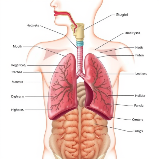 Create a detailed illustration of the human respiratory system including labeled parts like the nose, mouth, trachea, lungs, and diaphragm, captured with a Canon EOS R5, aperture f/8, shutter speed 1/125s, ISO 100, in a high-resolution digital art style with a focus on clarity and color accuracy.
