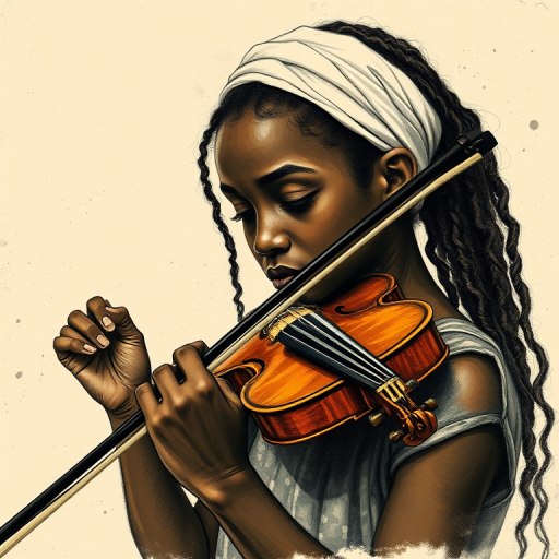 a young African American woman with a white headband playing a violin, in the style of a charcoal drawing, sepia grunge background