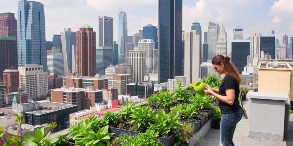 Rooftop garden in the heart of the city, skyscrapers looming in the distance as a woman waters plants, her small oasis thriving amid the urban chaos.