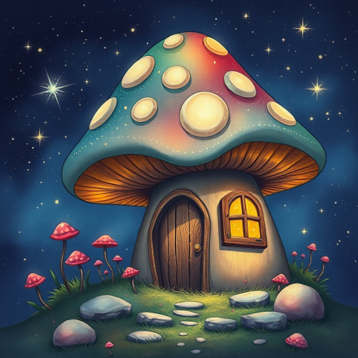 this image is illustration of a mushroom house with a door and a window, a storybook , fantasy art, mushroom house, bg starry sky, sparkles
