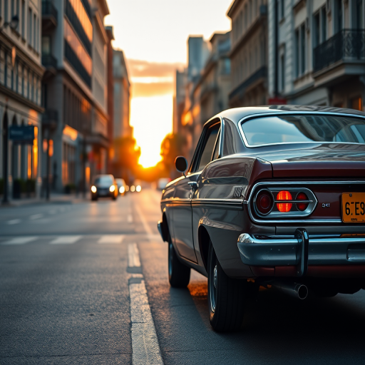 Generate a high-resolution image of a classic car parked on a city street at sunset with soft lighting, camera settings 50mm f/1.8 aperture, ISO 200, shutter speed 1/200 sec, taken with a DSLR camera in portrait view for enhanced detail and clarity.