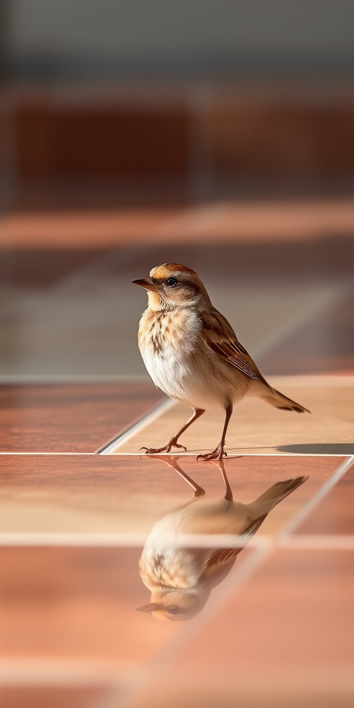 Capture a sparrow standing on a glossy tiled surface with reflections, using a Canon EOS R5, 85mm lens, f/4 aperture, ISO 200, and a shallow depth of field to enhance image clarity and detail in soft natural light.