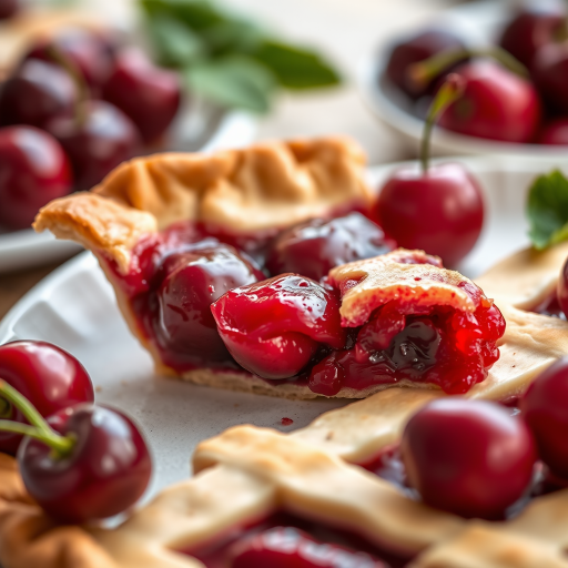 Create a high-resolution image of a cherry pie slice with vibrant colors, focus on the glossy cherries within a flaky crust, using a DSLR camera at f/2.8, ISO 100, 50mm lens, with a shallow depth of field and soft natural lighting.