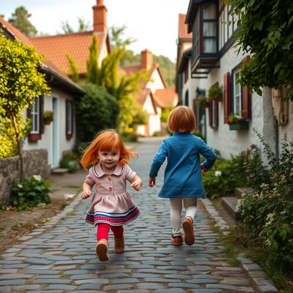 A picturesque village scene featuring two children with red hair running down a cobblestone path surrounded by lush greenery and charming cottages, captured with a Canon EOS R5, 50mm lens, aperture f/1.8, ISO 100, natural lighting, wide-angle view.