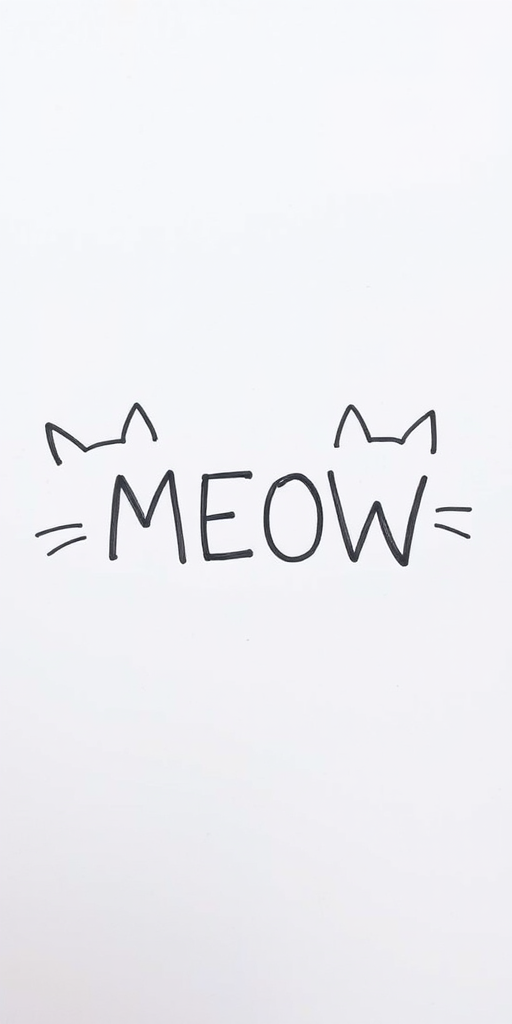 Draw two cute cat faces with simple features on either side of the word MEOW written in a playful font. The cats should have pointy ears, whiskers, and blushing cheeks, while the background should be plain and light-colored.