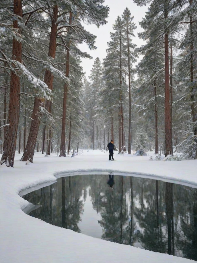 Tranquil winter landscape, with a snow-covered forest, tall pine trees blanketed in white, and a frozen pond in the foreground, with a single figure ice skating gracefully across the surface.