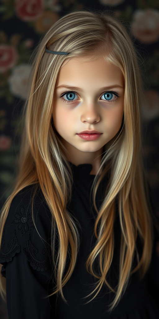 portrait of a girl with long light hair and striking blue eyes wearing a vintage black dress with lace details, softly illuminated against a dark floral background, shallow depth of field 50mm lens f/1.8, ISO 100, natural lighting, DSLR camera