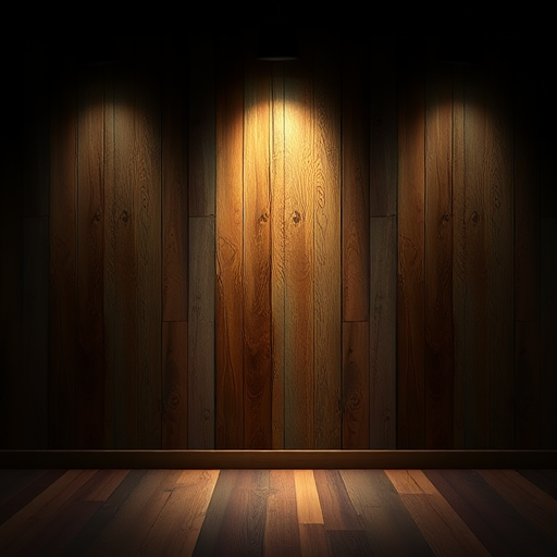 Create an image of a wooden wall with vertical planks illuminated by a spotlight, set in a dimly lit room, using a DSLR camera with a 50mm lens, aperture f/1.8, ISO 100, and a low angle shot for depth and texture enhancement.