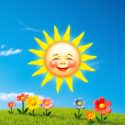 Create an image shows a bright, sun with a smiling baby's face in the center, radiating soft yellow rays. The sun is set against a clear blue sky with a few wispy clouds. Below, there's a lush green grassy hill with colorful, oversized flowers, giving the scene a whimsical, playful atmosphere.