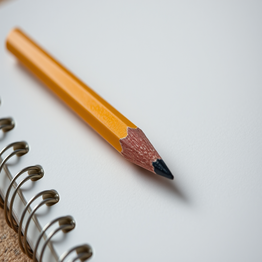 Create a high-resolution image of a spiral notebook with a sharpened pencil resting on it, using a DSLR camera, 50mm lens, aperture f/1.8, ISO 100, natural lighting, focused on the pencil and notebook to highlight texture and detail.