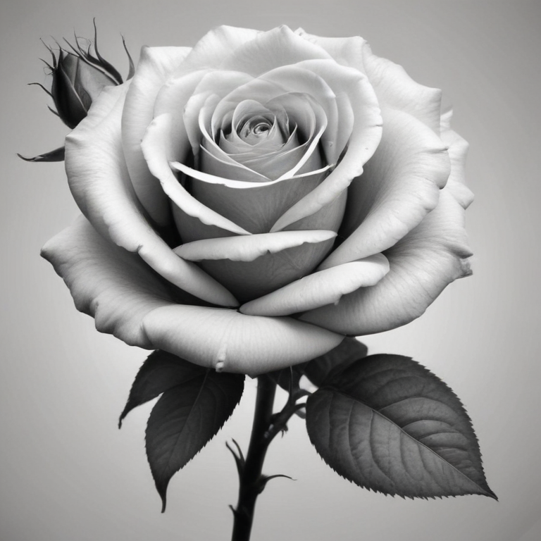 Elegant Black and White Rose with Bud and Lush Green Leaves