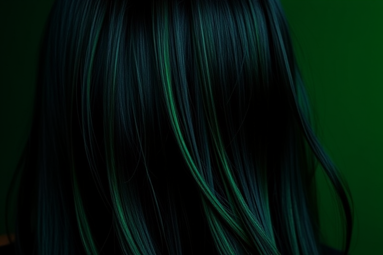 Jet black hair with vibrant emerald green underlights styled in sleek, pin-straight locks showcases the mysterious "Enchanted Forest" look, featuring a glass-like shine and subtle forest green highlights that peek through when the hair moves, creating an alluring and magical appearance
