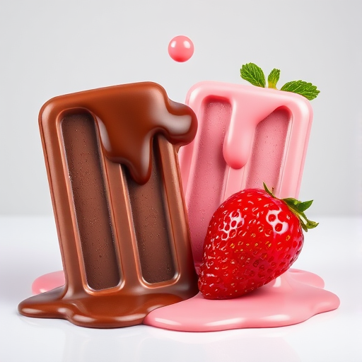 Create an illustration of two melting ice cream bars, one chocolate and one strawberry, with a droplet falling from the pink one, using a vibrant color palette, captured in a macro view with a DSLR camera at f/2.8 aperture, 50mm lens, and soft natural lighting to enhance texture and detail.