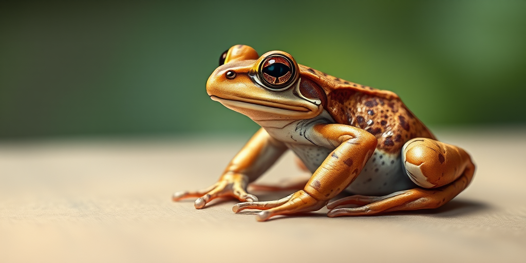 Create a detailed illustration of a brown frog sitting on a smooth surface, capturing the intricate textures of its skin, using a Canon EOS R5 with a 50mm f/1.2 lens, at an aperture of f/8, ISO 100, and a soft focus background to enhance the subject.