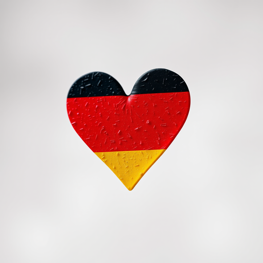 Create a high-resolution image of a heart-shaped symbol colored in black, red, and yellow to represent the German flag, using a Canon EOS R5 camera with a 50mm f/1.2 lens, aperture set to f/2.8, ISO 100, and a shallow depth of field to create a soft background blur.