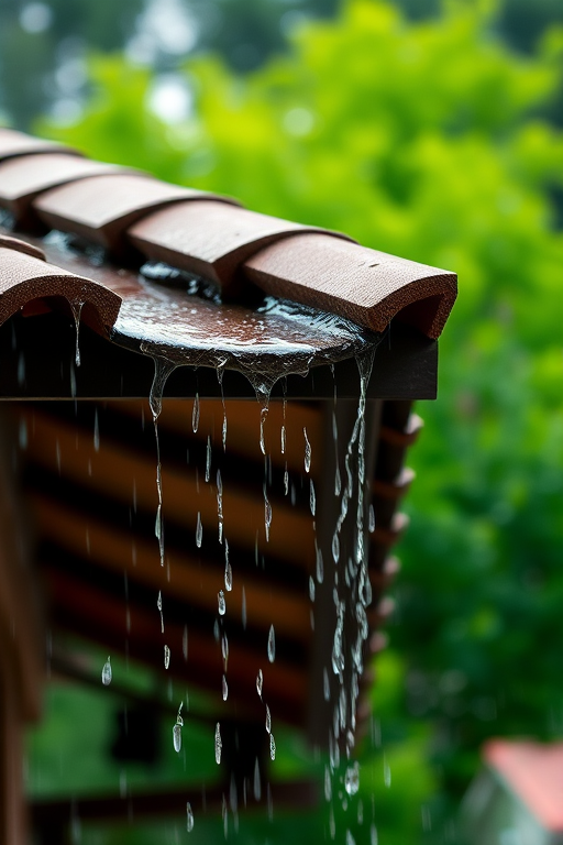 A close-up shot of rain falling from a rustic roof, with vibrant green trees blurred in the background, captured at f/2.8, ISO 200, 1/500 sec, using a DSLR camera in portrait orientation with natural light for enhanced image quality.