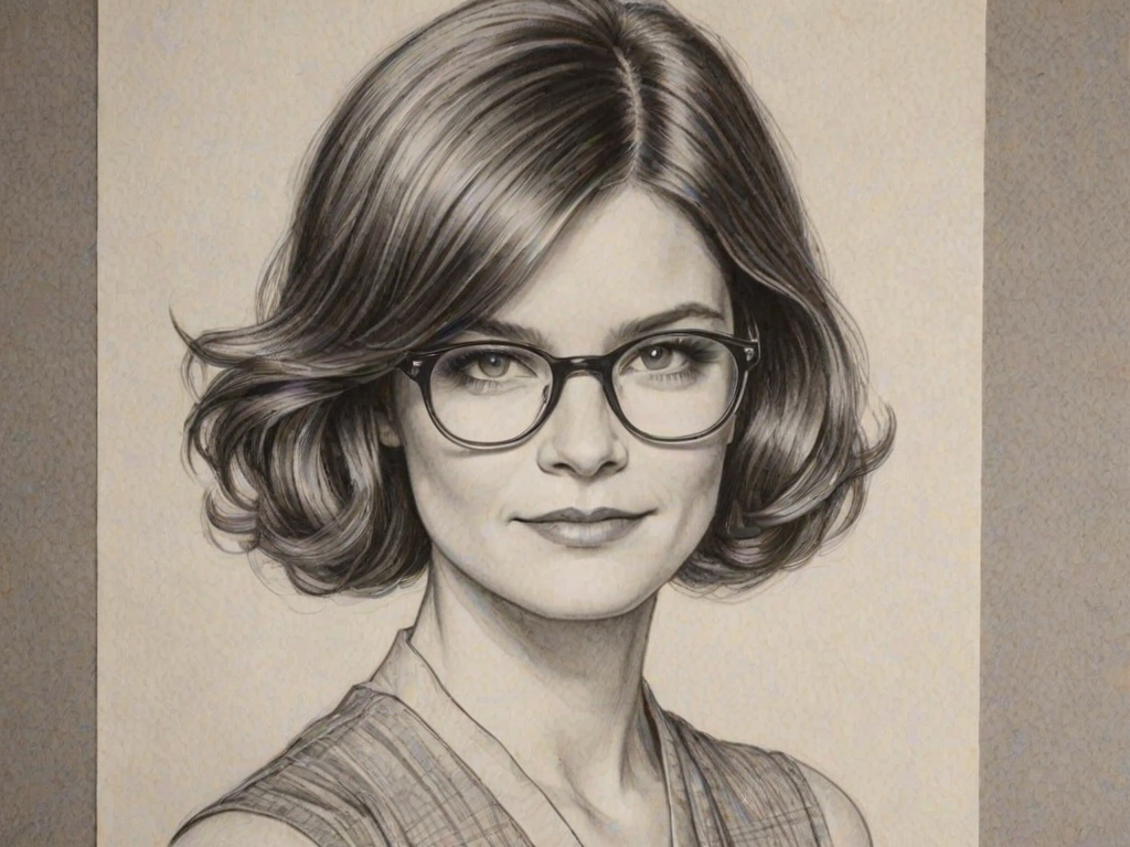 Beauteous Betsy Brandt, pencil sketch, portrait of Resplendent woman 1927s in glasses, hair style beatnik, outline, clear lines, fine lines, 8k