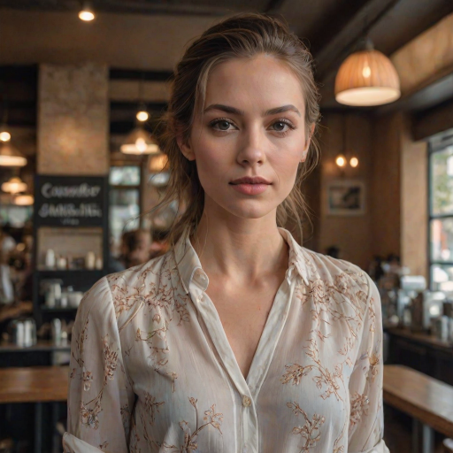 beautiful detailed photograph,  beautiful detailed photograph, shoulder length hair pulled back. strands of hair framing her face, She is wearing a chic blouse, standing in a cafe looking at the viewer.