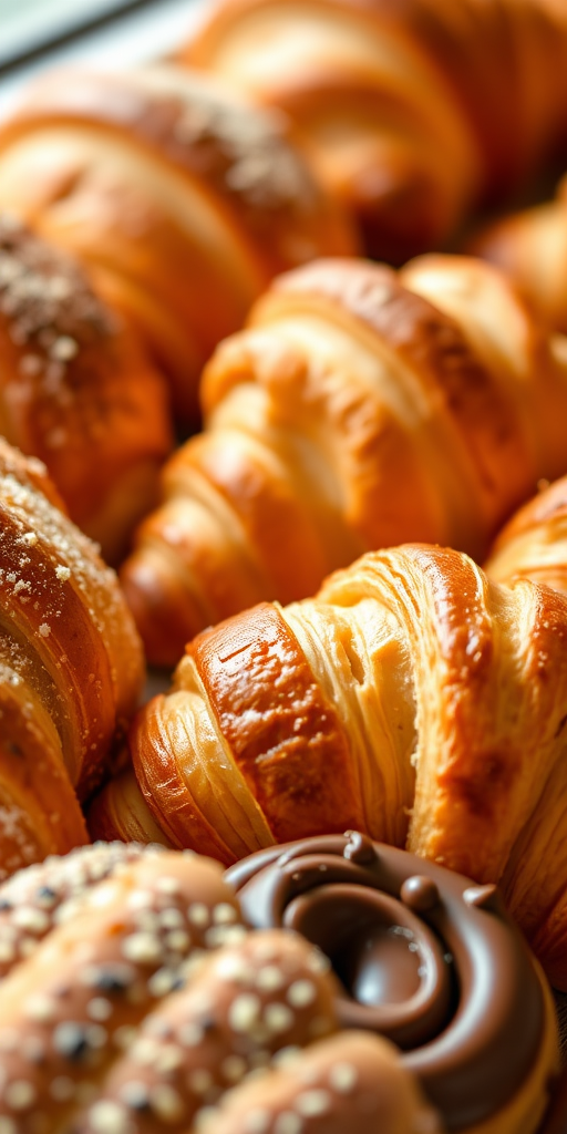 A close-up shot of an array of freshly baked pastries including croissants and chocolate danishes, captured with a Canon EOS R5, 50mm lens, aperture f/1.8, ISO 100, natural lighting, shallow depth of field to enhance texture details and vibrant colors.