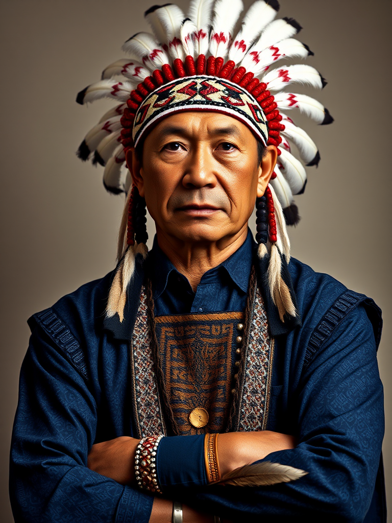 Create a dignified portrait of a Native American man dressed in traditional attire. He wears a beautifully crafted headdress adorned with white feathers and red beads, along with a beaded headband featuring intricate patterns. His clothing includes a deep blue, patterned shirt and a traditional chest piece with detailed beadwork. His arms are crossed, displaying leather armbands decorated with feathers. The background is simple and neutral, emphasizing his proud and stoic expression. The overall image captures the rich cultural heritage and strength of his persona.