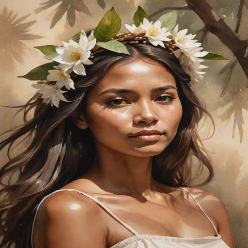 create a watercolor painting of an ethereal portrait of beautiful Guarani woman with a simple white flower crown on her head. Her hair is long and she is lying on the ground. The sunlight on the trees casts shadows from the leaves on her face and body. The background is a neutral brown color that matches her skin tone. The image is minimalist and solid colors. This style is characterized by soft, delicate brushstrokes and a light, airy, contrasting color palette. High level of detail and play of light