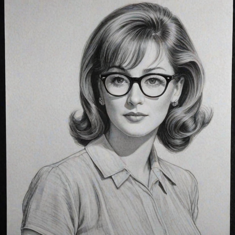 Charming Patricia Richardson, pencil sketch, portrait of Sublime woman 1939s in glasses, hair style beatnik, outline, clear lines, fine lines, 8k