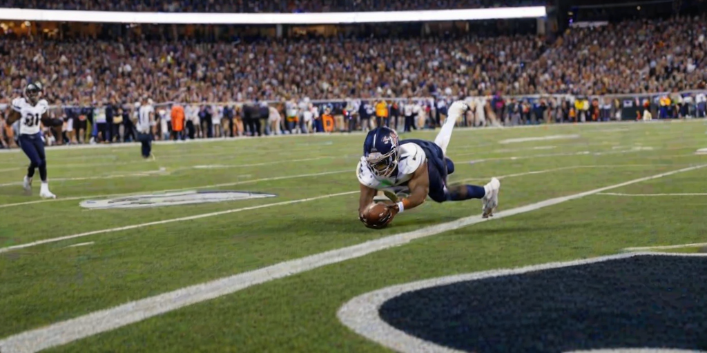 Blurry action shot of a football player diving for a catch in the end zone, the ball suspended mid-air, distant fans cheering, and the intense energy of the game captured in motion.