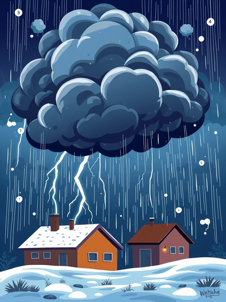 Create a vibrant cartoon-style illustration of a stormy weather scene featuring dark clouds, rain, lightning, and snowflakes, using a digital illustration technique with high contrast colors, set at 300 DPI for print quality, with a focus on a slightly angled top-down view to capture dynamic elements of the weather, styled under natural light conditions.
