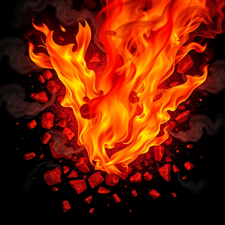 Create a vibrant and dynamic illustration of fire elements, featuring flames, embers, and smoke in an artistic arrangement, using a DSLR camera with a 50mm lens, aperture set to f/2.8 for a shallow depth of field, ISO 100 for clarity, and a high-resolution output at 300 DPI to enhance image quality, in a top-down view for an engaging perspective.