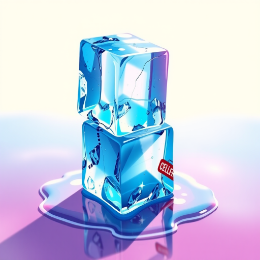 Create a vibrant and detailed illustration of three ice cubes stacked on each other with melting water beneath, using a DSLR camera with a 50mm lens, aperture set to f/2.8, ISO 100, and a shallow depth of field for a soft background blur, capturing a top-down view with bright, natural lighting.