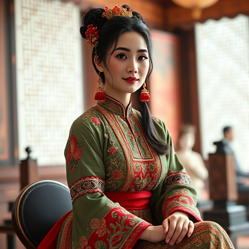 A beautiful Turkish woman in traditional East Asian attire, intricately detailed with embroidered patterns, sitting gracefully in a richly decorated room, soft ambient lighting, serene and elegant, ultra-realistic, 8K resolution