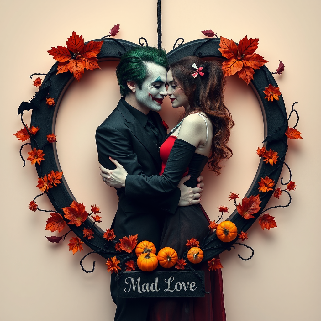 The Joker, neat, wearing a black suit and a beautiful Harley Quinn with long hair, both romantic, hugging and cuddling in the middle of a neon linen black heart frame decorated with dead leaves, bats, and small pumpkins, with a label at the bottom that reads 'Mad Love' made of linen, in a photo realistic style.