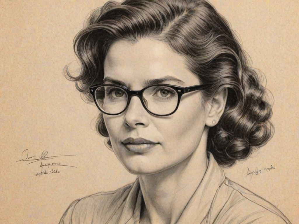 Wonderful Julia Ormond, pencil sketch, portrait of Graceful woman 1941s in glasses, hair style beatnik, outline, clear lines, fine lines, 8k