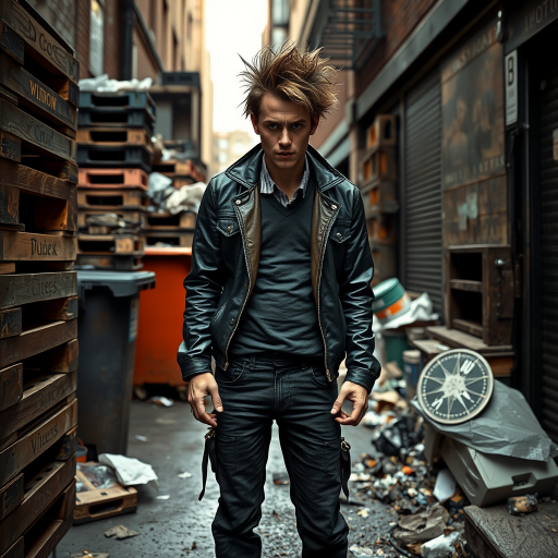generate an ultra-realistic, highly detailed photograph of a punk. he's standing still, looking menacingly at the camera. he's in a narrow, dirty London street. there are wooden crates stacked up. overflowing rubbish bins, rubbish on the ground.