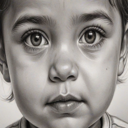 A hyperdetailed photorealistic black and white sketch of a beautiful toddler with deep brown eyes, with a macro focus