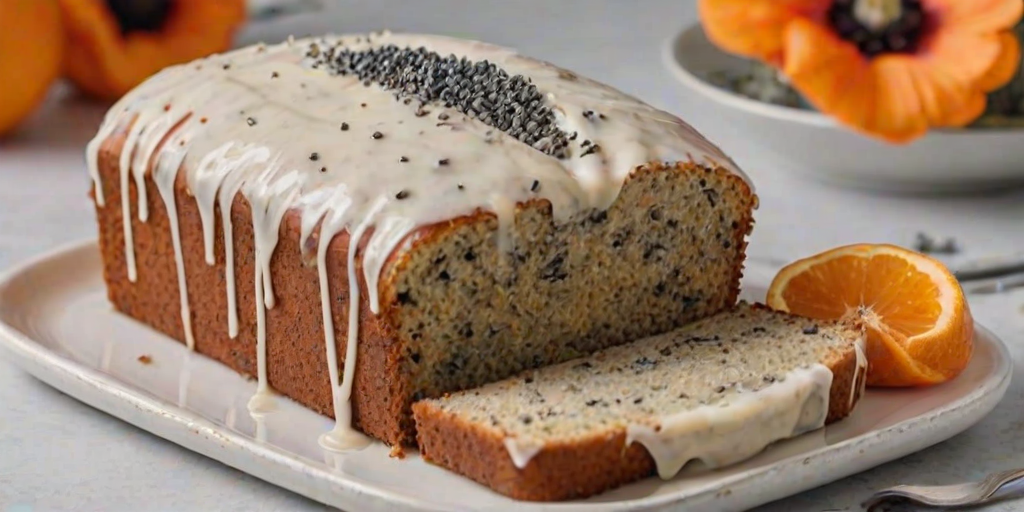 Create an image of a loaf cake with a light glaze on top. The cake is sliced to reveal a moist, textured interior with poppy seeds. The top is adorned with dried orange slices for decoration. The setting should be simple and elegant, showcasing the cake on a white plate against a soft, neutral background.