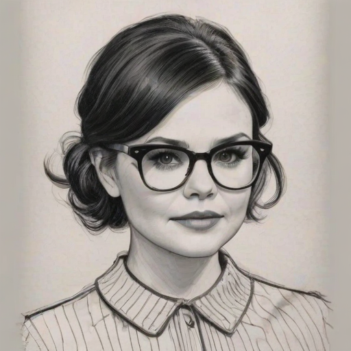 Radiant Ginnifer Goodwin, pencil sketch, portrait of Sublime woman 1965s in glasses, hair style beatnik, outline, clear lines, fine lines, 8k