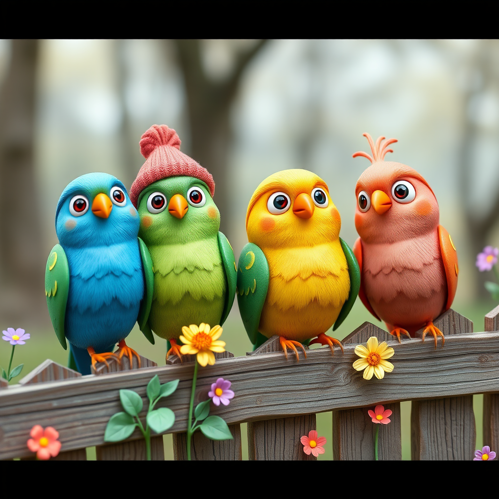 create a scene of 4 quirky  whimsical colourful comical birds each with a funny expression. they are sat on a wooden fence with colourful flowers. they are all different sizes. each one is a different colour  one is wearing a woolly hat. Each one has a different quirky google expression and there is a muted background of trees watercolour paintierly style high definition 8k resolution 3D paper mache