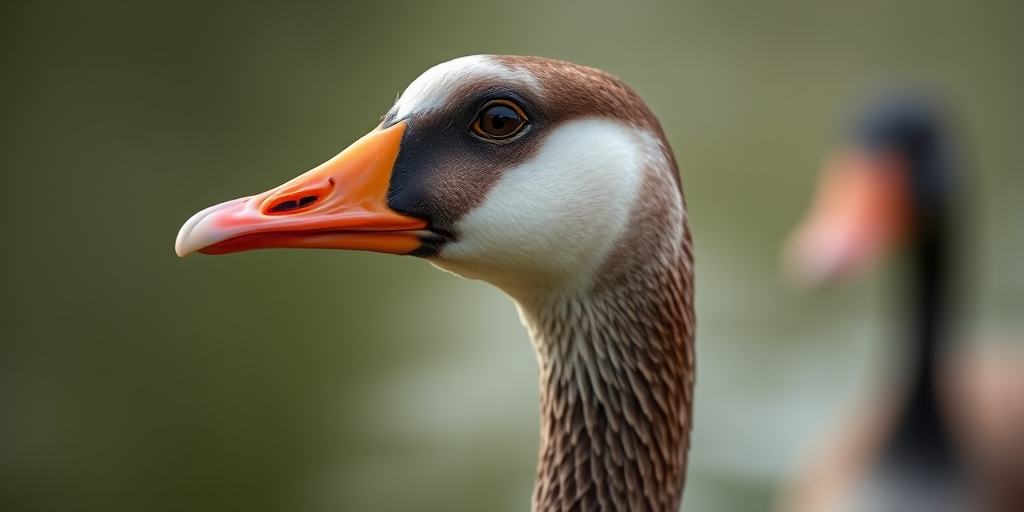 capture a close-up of a goose with a smooth depth of field, ISO 100, aperture f/2.8, 50mm lens, natural light, shallow focus, DSLR camera