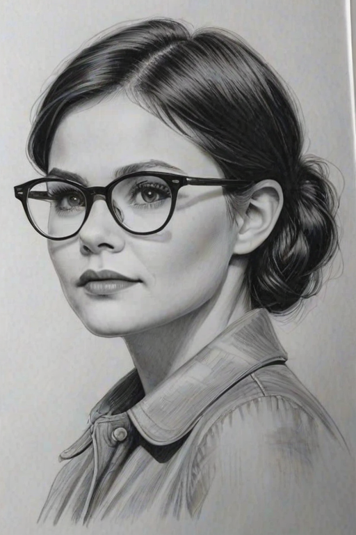 Magnificent Ginnifer Goodwin, pencil sketch, portrait of Dazzling woman 1978s in glasses, hair style beatnik, outline, clear lines, fine lines, 8k