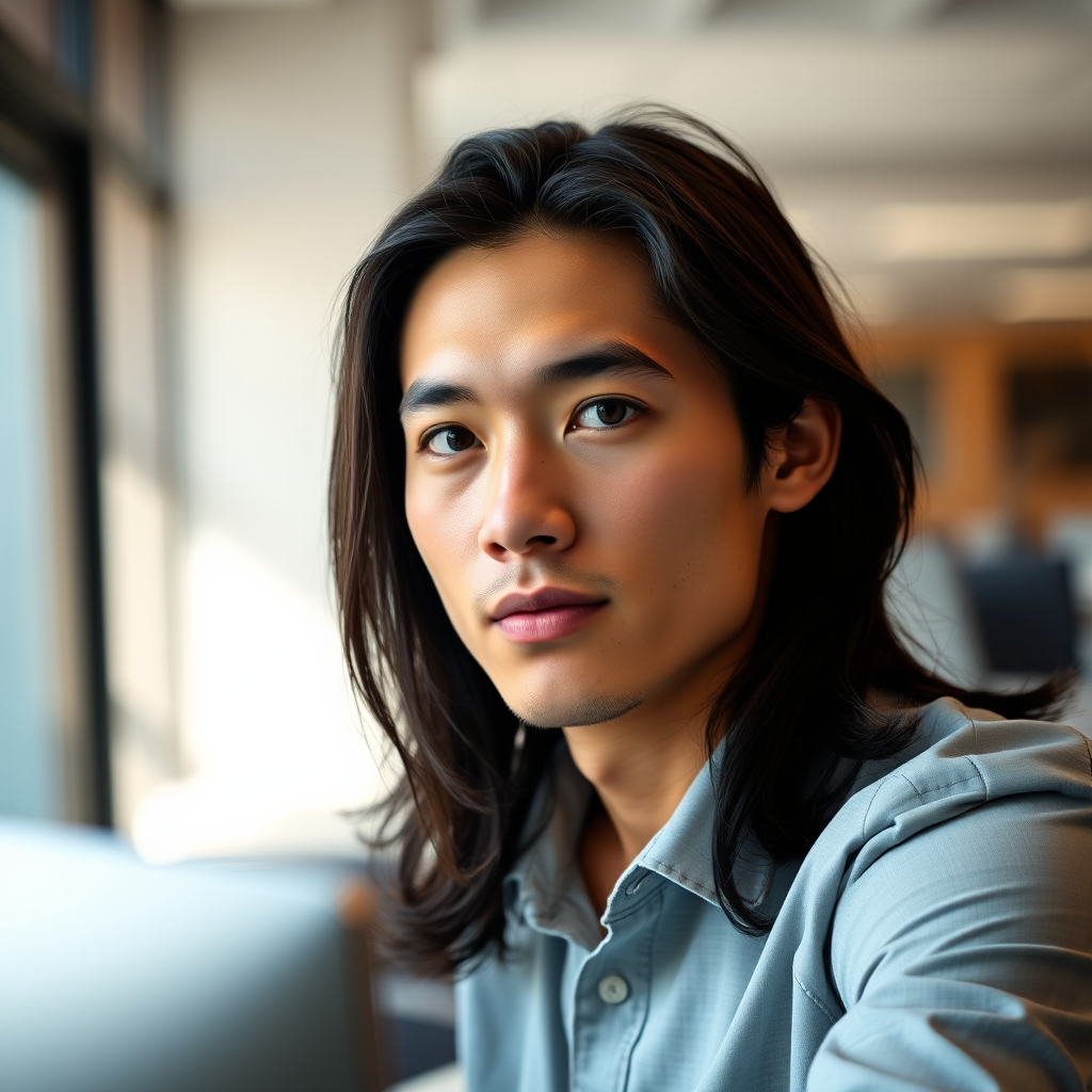 portrait of a young man with long dark hair sitting at a desk with a computer, soft natural lighting, shallow depth of field, 50mm lens, f/1.8, ISO 100, captured in a modern office setting, high-resolution, vibrant colors