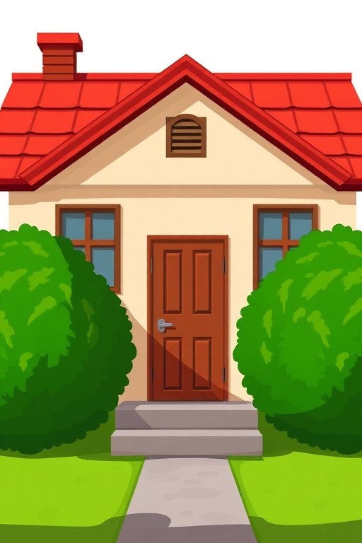Generate a cartoon-style image of a simple house with a red roof, two windows, a brown door, and green bushes on either side, captured with a DSLR camera, f/8 aperture, ISO 200, 50mm lens, and a slight depth of field for emphasis on the house.