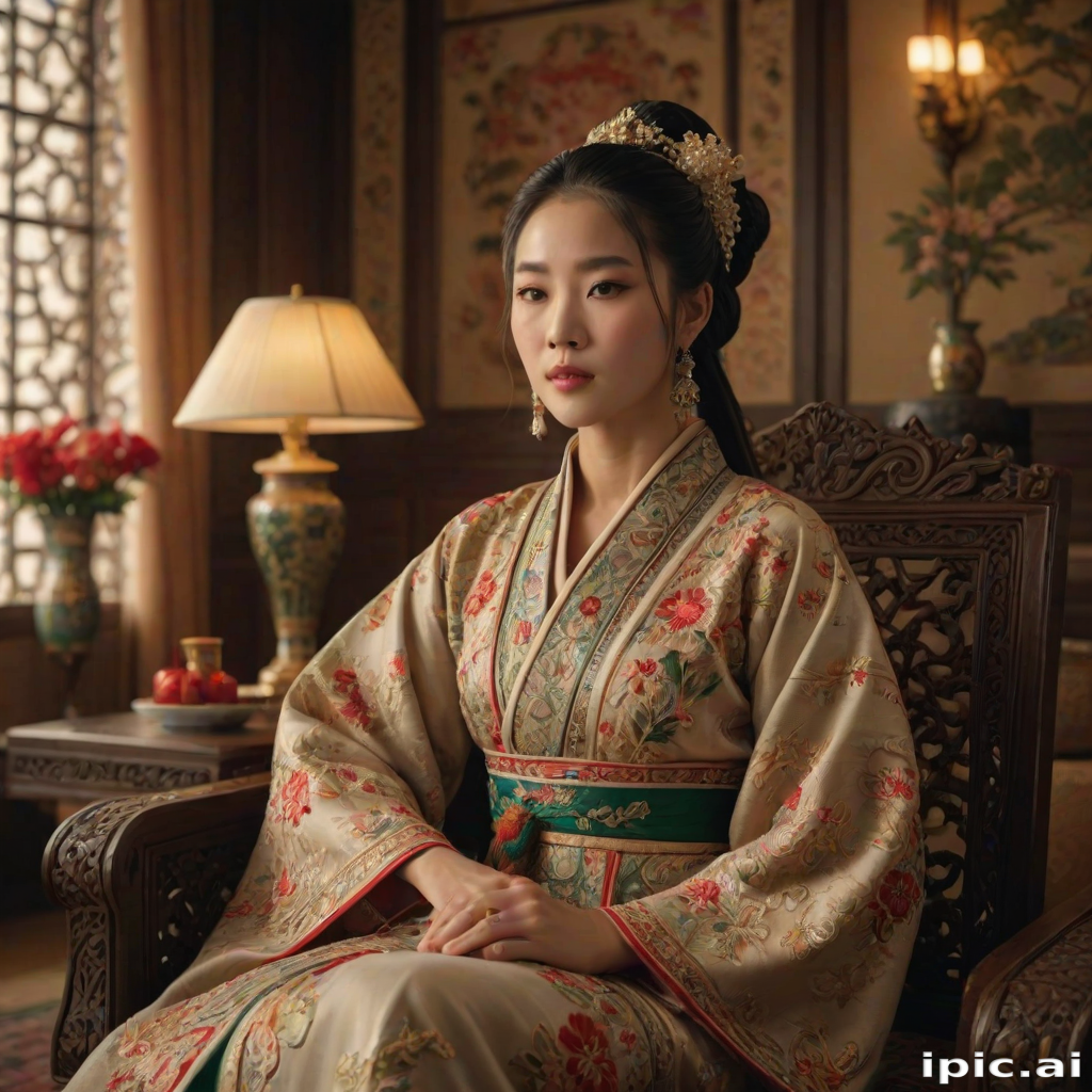 A beautiful woman in traditional East Asian attire, intricately detailed with embroidered patterns, sitting gracefully in a richly decorated room, soft ambient lighting, serene and elegant, ultra-realistic, 8K resolution